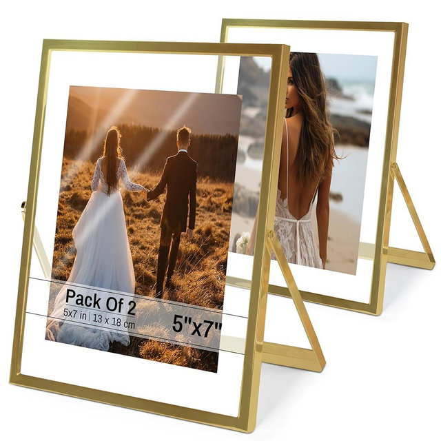 Azour Set of 2 Gold Floating Frames - 5x7 Gold Floating Frame with Glass and Clean Corners - Elegant Floating Picture Frames - Tabletop Presents for Christmas, Weddings - Fit 4x6, 2.5x5, 2x3, 5x7