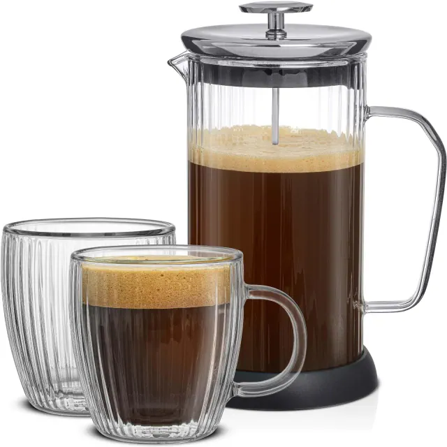 JoyJolt Fluted Coffee French Press & 2 Fluted 13.5 oz Double Walled Coffee Mugs Set