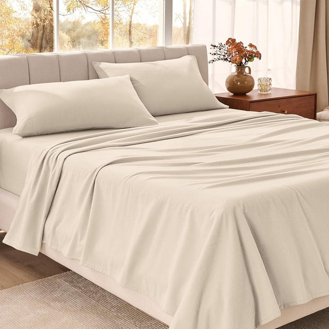 Bare Home Organic Cotton Flannel Sheet Set - Queen Size - 100% Cotton - Double Brushed for Extra Softness & Comfort - Warm, Cozy, and Durable - Breathable - Bed Sheets (Queen, Sand)