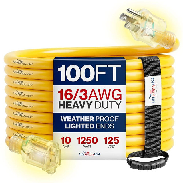 100ft Outdoor/Indoor Extension Cord 16/3 Gauge Heavy Duty 3 Prong SJTW, Waterproof, Flexible Cold-Resistant Long Power Cord,10A 125V 1250W, Yellow by LifeSupplyUSA
