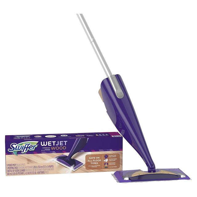 Swiffer WetJet Wood Floor Mopping and Cleaning Starter Kit, All Purpose Floor Cleaning Products, Includes: 1 Mop, 5 Pads, 1 Cleaning Solution, Batteries