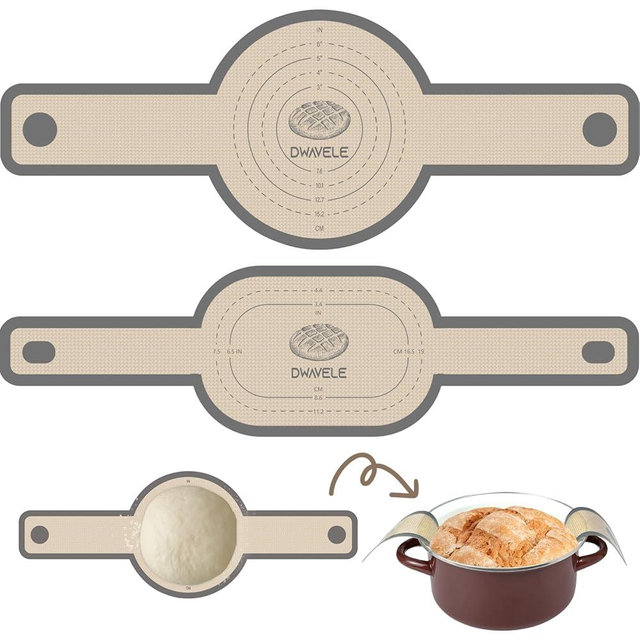 Silicone Bread Sling for Dutch Oven, Non-Stick & Easy to Clean Bread Baking Mat Set, 2 Pcs Reusable Bread Sling with Long Handle to Transfer Sourdough (Gray, Oval and Round)