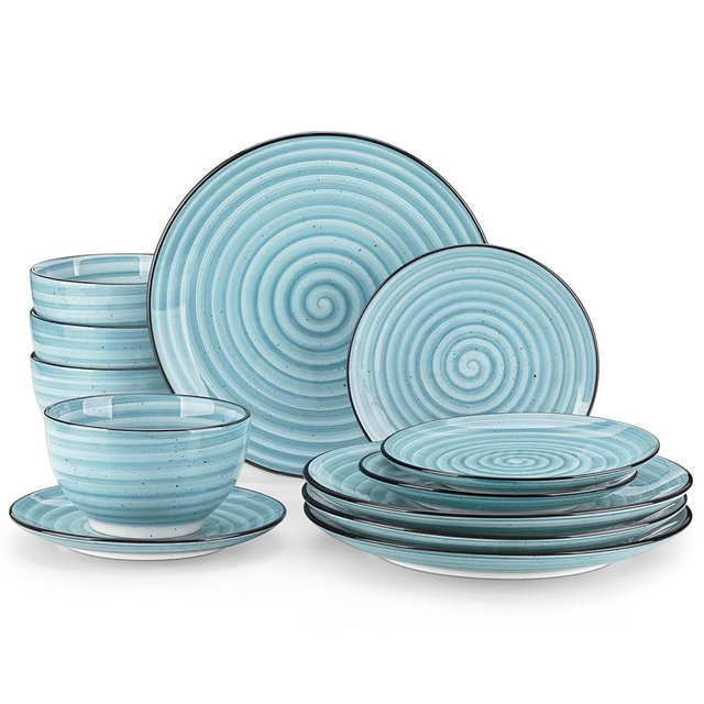 vancasso Dinnerware Sets 12 Pieces Bonbon Blue Dinner Set, Plates and Bowls Sets with Dinner Plates Bowls Handpainted Spirals Pattern Dish Sets, Service for 4