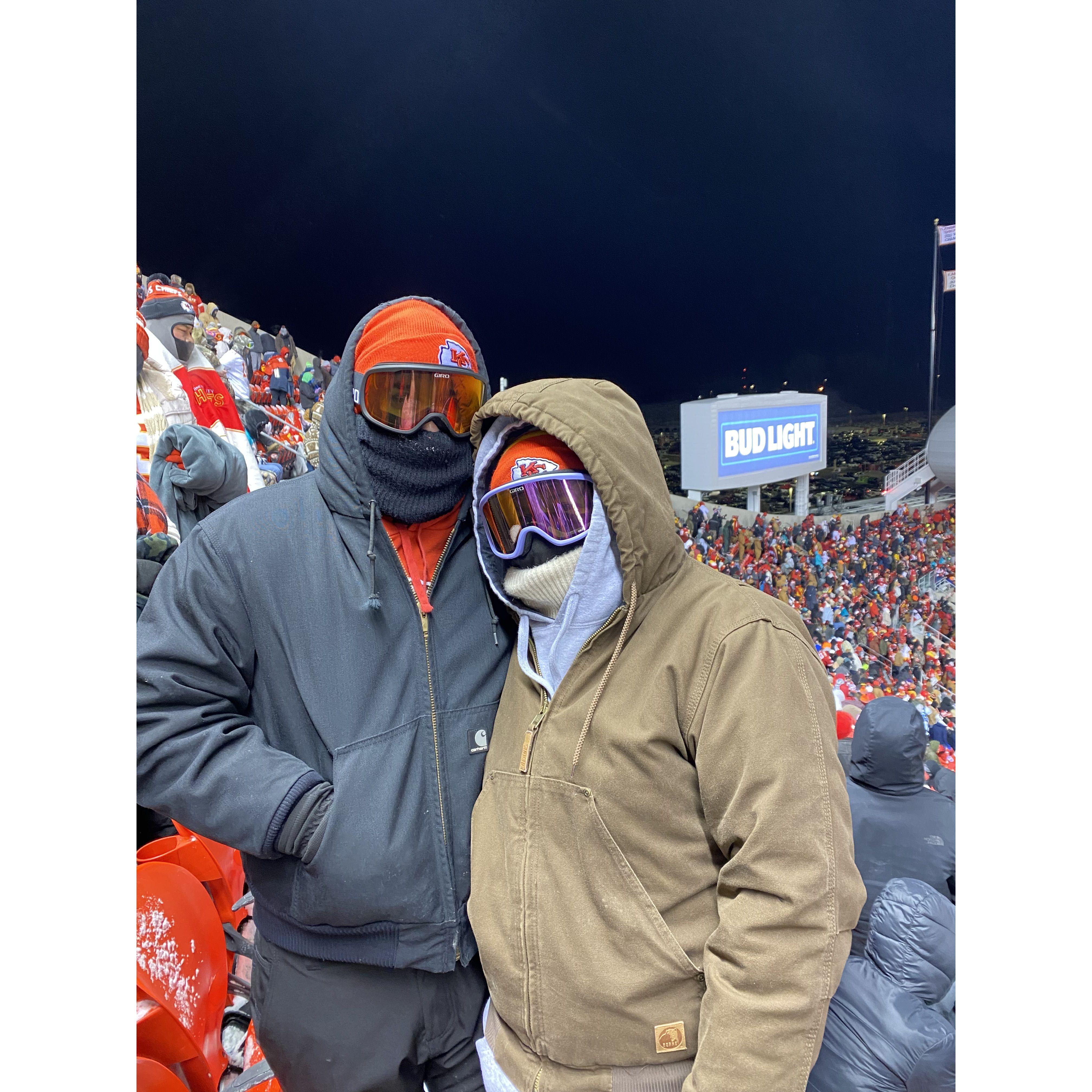 Coldest Chief's game in Arrowhead history. Katy would really like to go to a warm game this year