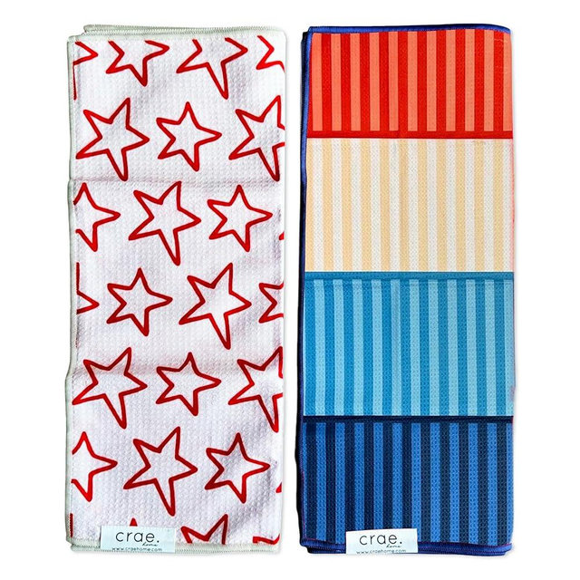 Double Sided Microfiber Hand Towels, 17x27 Inches Waffle Design Kitchen Towels Set, Durable & Soft Fast Drying Hand Wash Cloth, Everyday Dishcloth Use at Home (Stars & Stripes - Red, Blue, Cream)