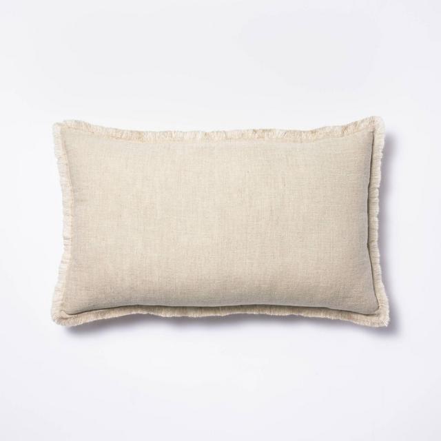 Lumbar Linen Throw Pillow with Contrast Frayed Edges Neutral/Cream - Threshold™ designed with Studio McGee