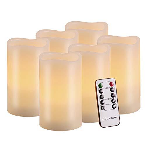 Flameless Candles Battery Operated Pillar Real Wax Flickering Electric LED Candle Gift Sets with Remote Control Cycling 24 Hours Timer by Aku Tonpa, 3"x5" Pack of 6