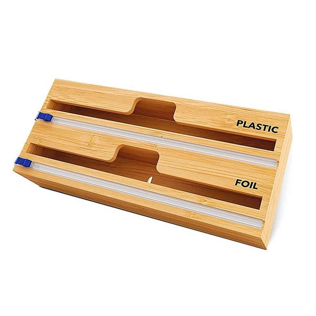 Bamboo Wrap Dispenser with Cutter and Labels, Plastic Wrap, Aluminum Foil and Wax Paper ​Dispenser for Kitchen Drawer, Refillable Wall Mount Roll Organizer Holder Compatible with 12" Roll(2 Slots)