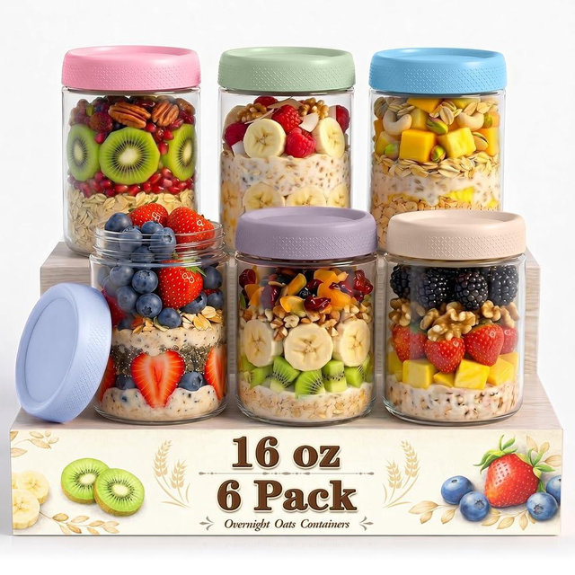 SECLENT 16 oz Mason Jars, Overnight Oats Containers with Lids for Yogurt, Glass Jar with Lid, Parfait Cups with Airtight Lids, Glass Jars for Overnight Oats, Storage, Food, Chia, Pudding, 6 Pack