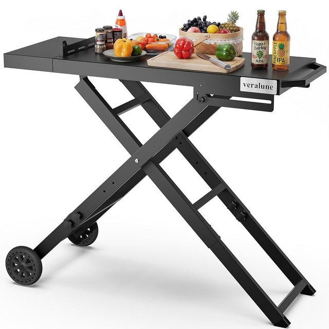 veralune Folding Grill Table, Outdoor Prep Table with 2 Wheels, Adjustable Height Portable Grill cart for Outdoor Cooking Camping BBQ Tailgating Picnicking