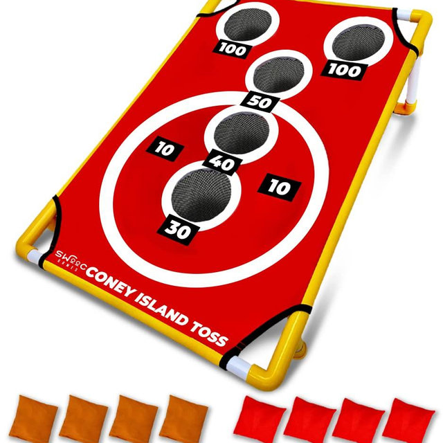 SWOOC Games - Coney Island Toss - Boardwalk Inspired Cornhole Bounce Game with Carrying Case (15+ Games Included) - PVC Corn Hole Bean Bag Toss Game for Kids - Corn Holes Outdoor Game Set
