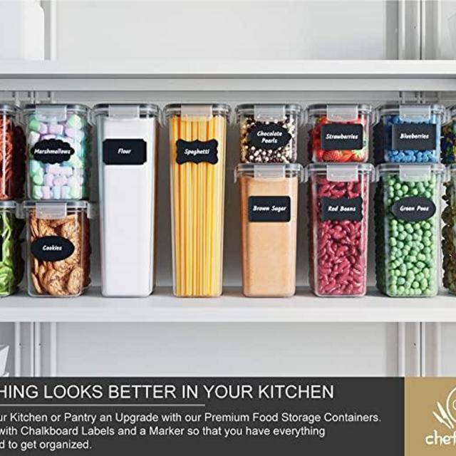 Chef's Path Airtight Food Storage Container Set - 14 PC - Kitchen & Pantry Organization - BPA-Free - Plastic Canisters with Durable Lids Ideal for Cereal, Flour & Sugar - Labels, Marker & Spoon Set