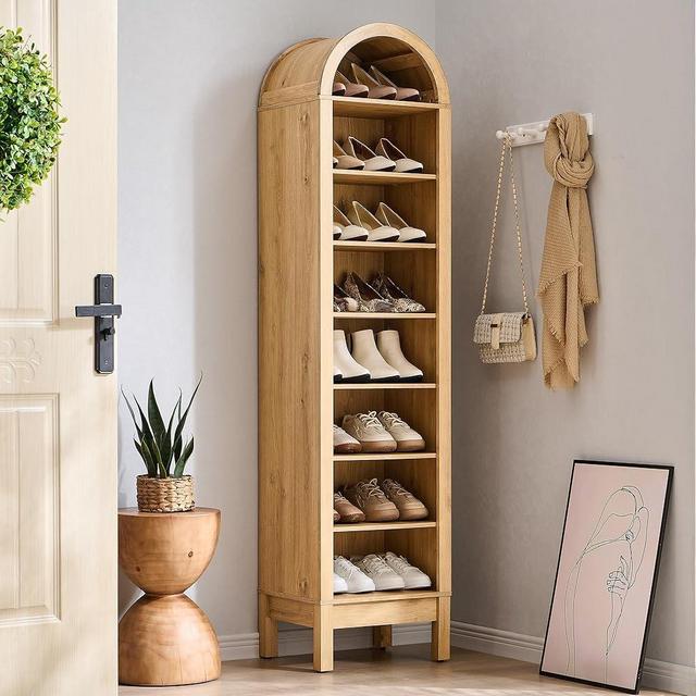 IFGET 71" Tall Arched Shoe Storage Cabinet, 8 Tiers 16 Pairs Wooden Shoe Rack with 3 Adjustable Shelves, Freestanding Shoe Closet Shelf Organizer for Entryway, Hallway, Living Room (Natural)