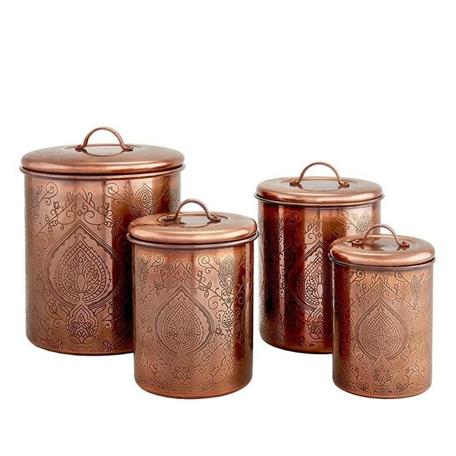 Old Dutch 916CU Antique Copper Tangier Etched Canisters, S/4, 4Qt, 2Qt, 11/2Qt, 1Qt, 4 Qt, 2 Qt. 1½ Qt. 1 Qt