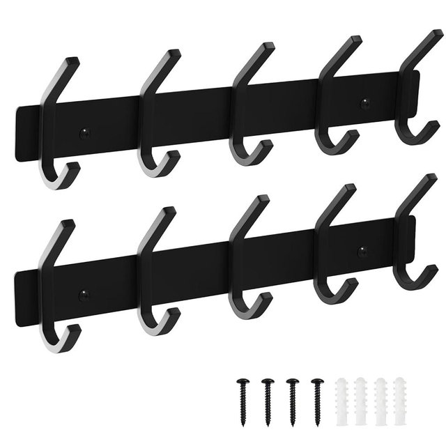 VAEHOLD Wall Hooks, Heavy Duty Aluminum Towel Hooks for Hanging Coat, Hat, Key, Clothes, Closet Hook Wall Mount for Kitchen, Bathroom, Office (“C“ Shape Coat 5 Hooks 2 Pack)