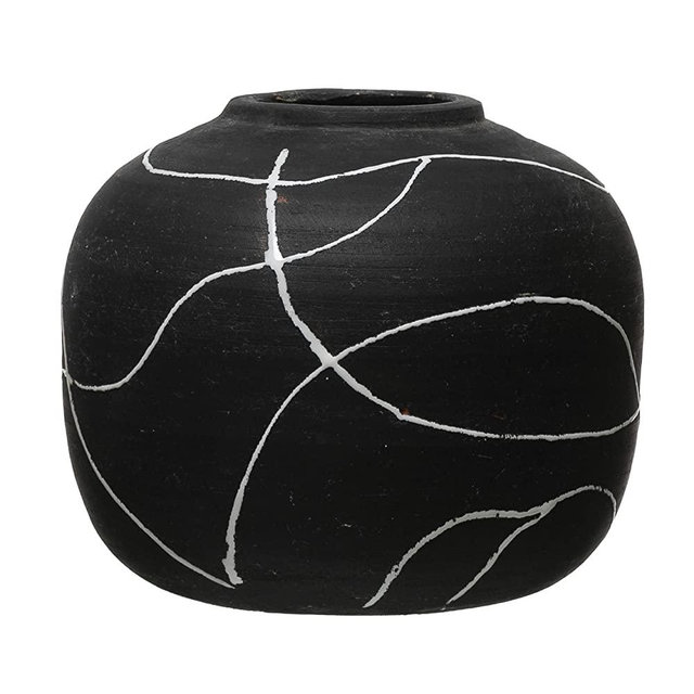 Creative Co-Op Hand-Painted Terra-Cotta, Black & White Vase