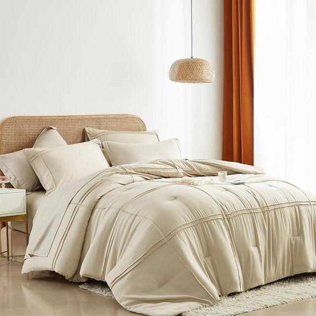 Yogeneg King Size Comforter Set 7 Piece Bed in a Bag,Grid Pinch Pleat Beige Bedding Set,Striped Textured Soft Microfiber Comforter with Sheet Set,All Season Complete Bed Set(Beige,King)