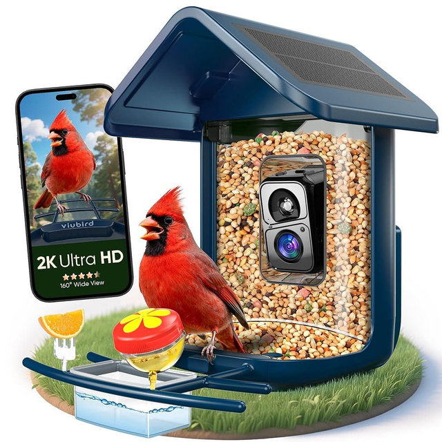 Bird Feeder with Camera Solar Powered - Smart Bird Feeder Camera 2K HD Live Stream, 5MP Photos, AI Identification for Backyard, 2.4Lb Large Capacity, Gifts for Mom Dad, Blue