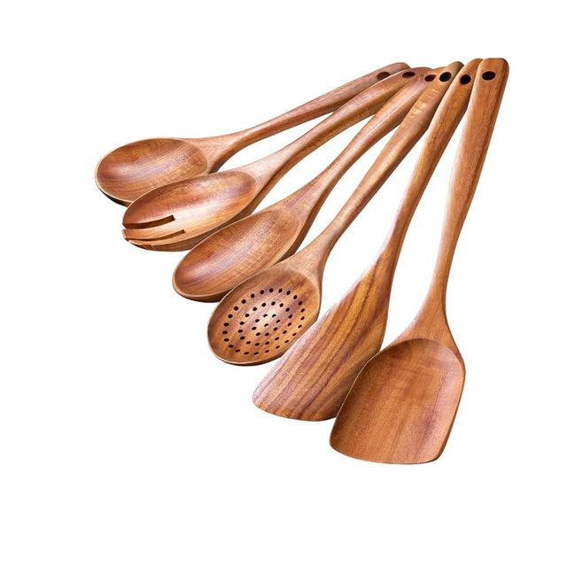 Wooden Spoons for Cooking - 6Piece Kitchen Utensils Set -Nontoxic Wooden Utensil Set -Heat Resistant Cooking Spoons - Wooden Spatula for Cooking - Teak Wood Utensils Set for Cooking - Wood Spoon