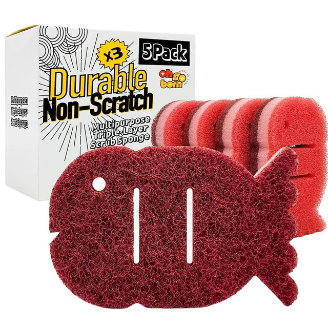 Ohsoborn 5 Pack Multipurpose Dual Sided Triple Layer Dish Sponges Kitchen | Boil Safe Scratch Free Odor Resistant Extra Durable | Flexible and Durable Design for Long Lasting Use (5, Fish)
