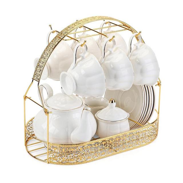 CHENP.HMC Tea Set 22-Piece Porcelain Ceramic Coffee Tea Gift Sets Cups Saucer Service for 6 Teapot Sugar Bowl Creamer Pitcher and Teaspoons (WHITE-WITHOUT Mug Hooks)