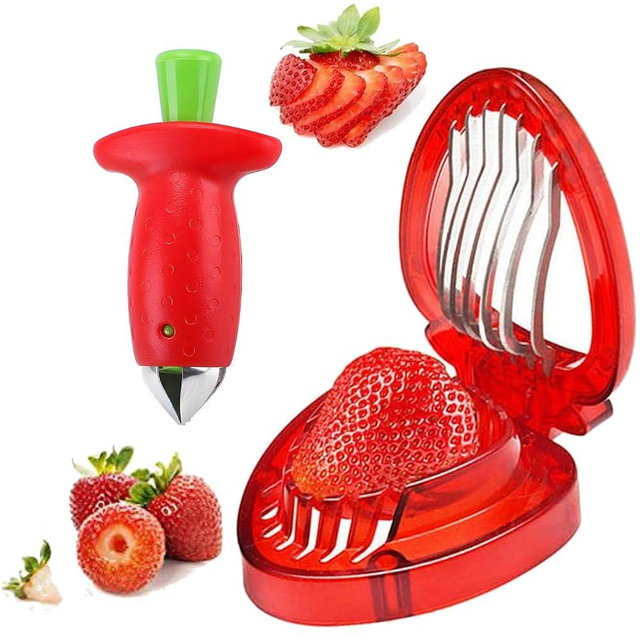 Strawberry Huller Stem Remover and Strawberry Slicer Set-Fruit Picker Stalks Tools,Stainless Steel Blade Kitchen Tools and Gadgets,Mini Fruit Slicer Cut Tools 2pcs