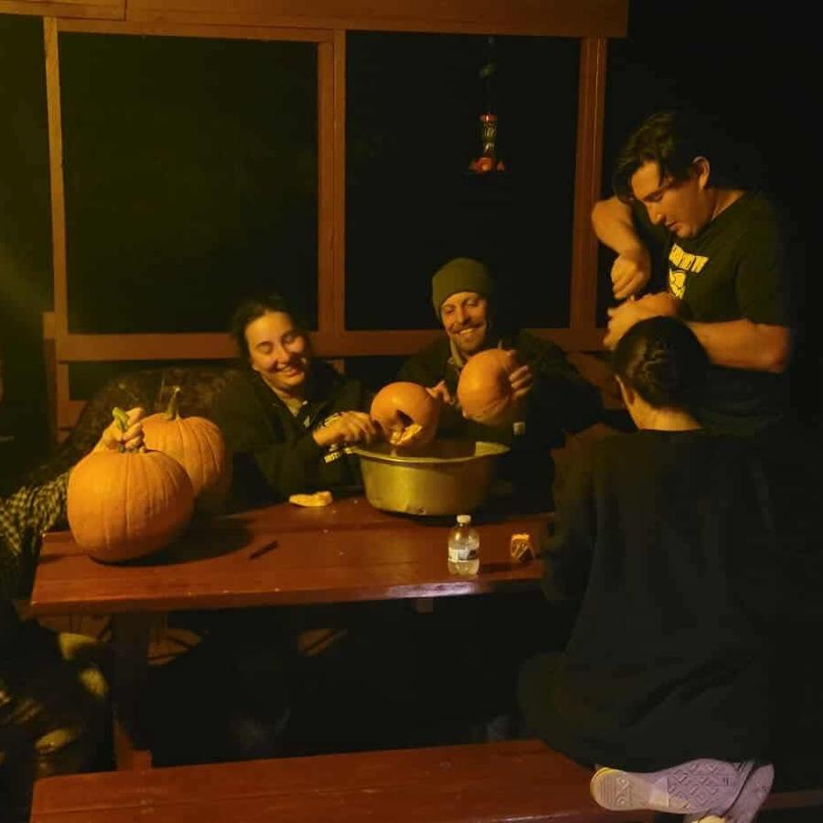 Cabin pumpkin carving.