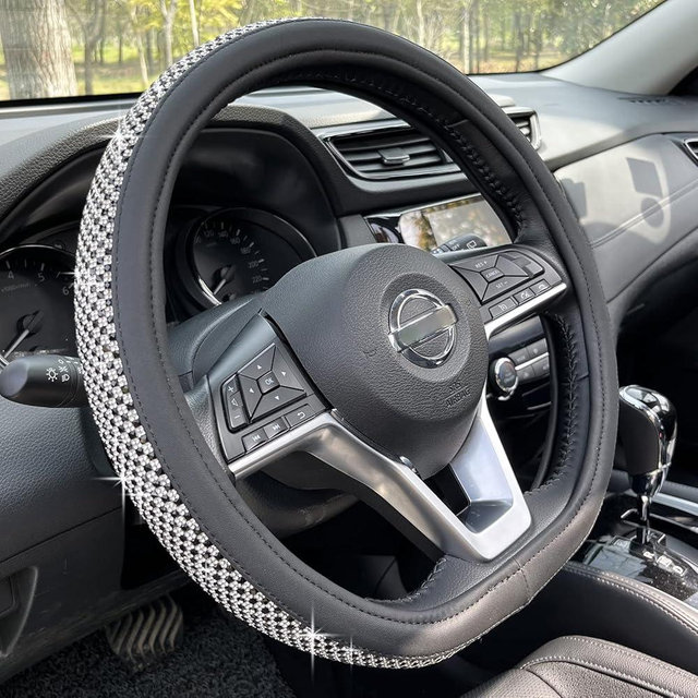 PINCTROT D Shaped Bling Comfy Steering Wheel Cover with Jumbo Crystal Rhinestones, Anti-Slip Diamond Leather, Flat Bottom 14.5-15 Inch (Black)