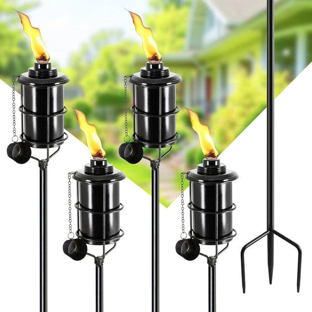 Breeze Touch 4 Pcs Metal Torch for Outside, 16oz Outdoor Garden Torches Decor with 3-Prong Grounded Stake, 59-Inch Citronella Torches for Party Patio Pathway, Table Top Mosquito Repelling Torches Set