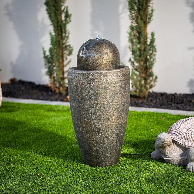 XBrand 25.98" H Round Stone Indoor/Outdoor Modern Stone Textured Sphere Water Fountain w/LED Lights, Ball Water Fountain Decor, Garden Sphere Fountain, Patio Fountain, Outdoor Fountain, Bronze