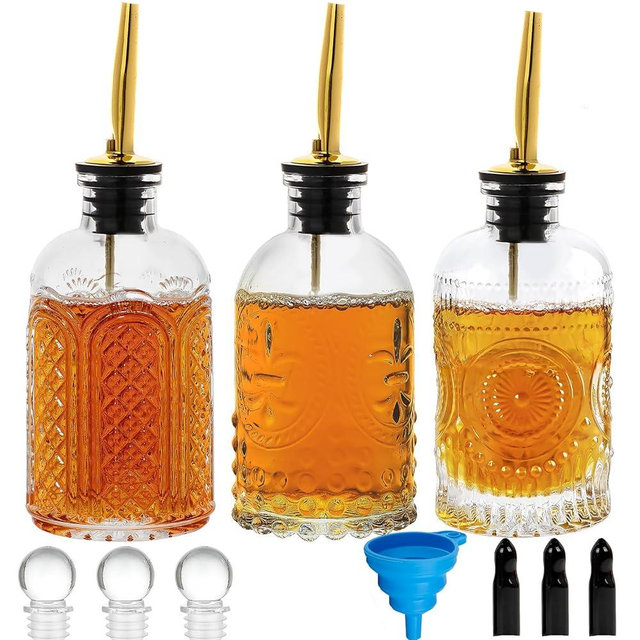 Syrup Dispenser Bottles Set of 3, Simple Syrup Bottle for Coffee Bar Accessories,7 oz Glass Coffee Syrup Containers for Maple Honey Syrup Oil, with Metal Pour Spouts, Stoppers,Condiments Dispenser