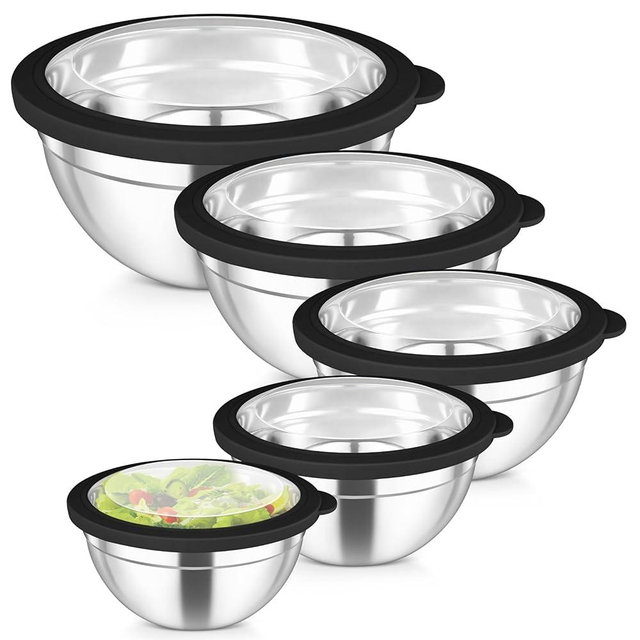 TeamFar Mixing Bowls Set, 4.5/3/1.5/1/0.7 QT Stainless Steel Nesting Salad Bowls with Airtight Lids, For Serving/Mixing/Storing, Non-Toxic & Heavy Duty, Visible & Easy Clean, Black, Set of 5