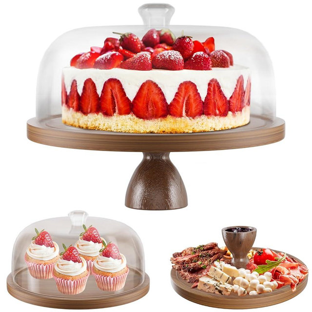 UEAKPIC Acacia Wood Cake Stand with Acrylic Lid, Dessert Table Display set, (3-in-1) 12 IN Serving Platter and Plate with Dome Cover, Punch Bowl, Charcuterie Board for Cheese, Baking Gifts, Party