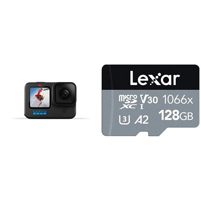GoPro HERO10 Black - Waterproof Action Camera, 5.3K60 Ultra HD Video, 23MP Photos, 1080p w/Professional 1066x 128GB microSDXC UHS-I Card w/SD Adapter, Up to 160MB/s Read(LMS1066128G-BNANU)