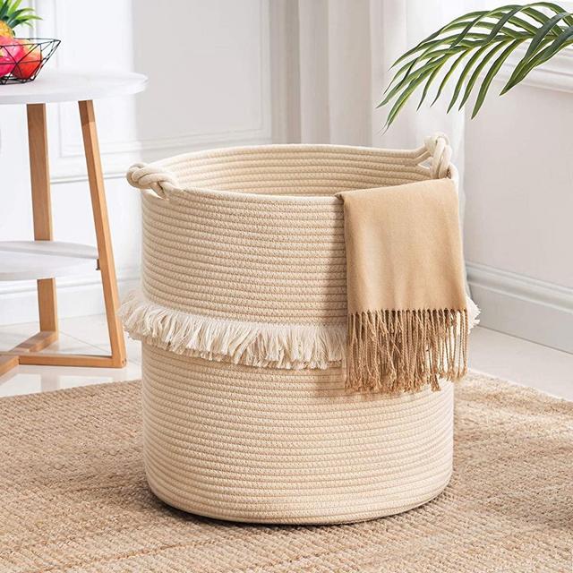 YOUDENOVA Large Woven Rope Storage Basket, Baby Nursery Hamper for Toy&Clothes, White Decorative Blanket Basket with Cute Knot Handles & Tassel, Boho Laundry Hamper for Living Room, 15.7”x16.9”