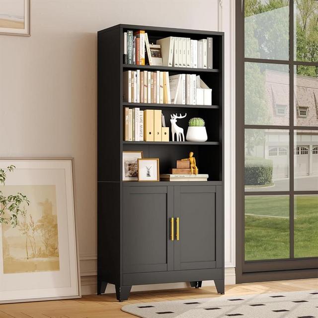 erosoei 71" H Tall Metal Bookcases and Bookshelves with 2 Doors and Adjustable Shelves，Tall Storage Cabinet Industrial Bookshelf 6-Tier Open Display Shelf，Decor Furniture for Living Room, Bedroom