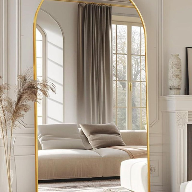 Full Length Mirror, 78"x38" Oversized Arched Floor Mirror Freestanding, Full Body Mirror Floor Standing Mirror with Stand for Bedroom, Hanging Mounted Mirror for Living Room Cloakroom, Gold