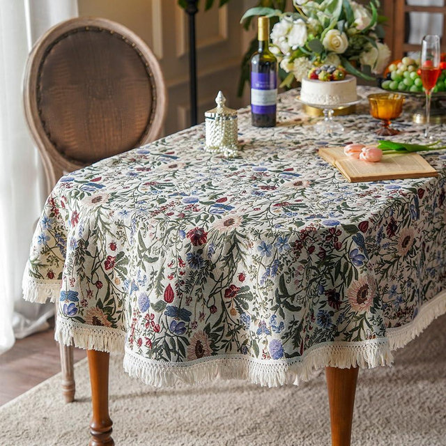 SUTAVIA French Floral Tablecloth Hand-Made Cotton Fabric with Lace Vintage Berry Garden Pattern Tabletop Sofa Cover Blanket for Home Holiday Party Decor (Red Floral, Oval, 60"x102")