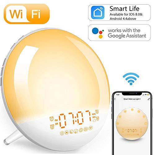 Sunrise Alarm Clock Wake-Up Light - Smart WiFi,Natural Light Digital Alarm Clocks Radio for Bedroom,Work with Alexa,Google Home,Snooze,USB Charger,4 Alarms,7 Sounds,for Adults Kids and Heavy Sleepers