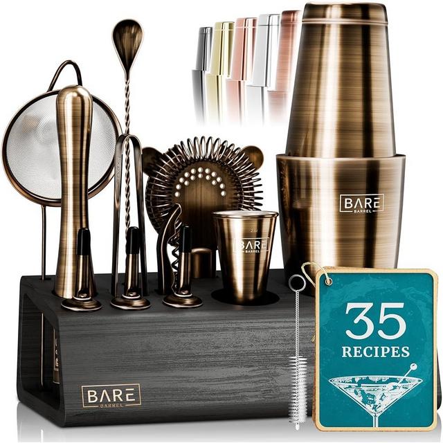 BARE BARREL® Mixology Bartender Kit Bar Set | 14-Piece Cocktail Shaker Set | Pro Barware Mixing Tools for Home Bartending | Incl. 35 Recipe Cards | Gift Set (28oz Boston, Brushed Brass)