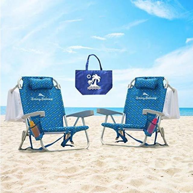 2 Tommy Bahama Backpack Beach Chairs (Blue Stripes + Blue Stripes) + 1 Medium Tote Bag