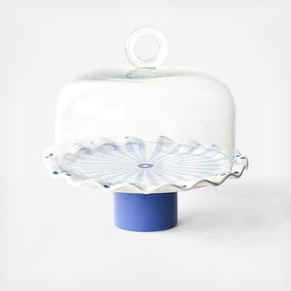 Iris Blue Burst Small Ruffle Cake Stand with Glass Dome