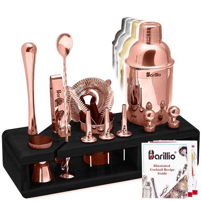 Copper Mixology Bartender Kit Cocktail Shaker Set by Barillio: Rose Gold Drink Mixer Set with Bar Tools, Muddler, Mixing Spoon, Jigger, Strainer, Sleek Bamboo Stand & Recipes Booklet