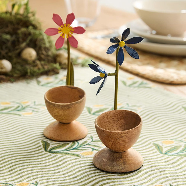 Easter Wooden Floral Egg Cups, Wood, Set of 2