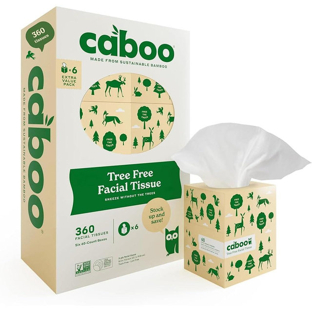 Caboo Tree Free Facial Tissue Paper, Tissue Box with 60 Sheets Per Cube, Total of 6 Cubes, 360 Total Tissues