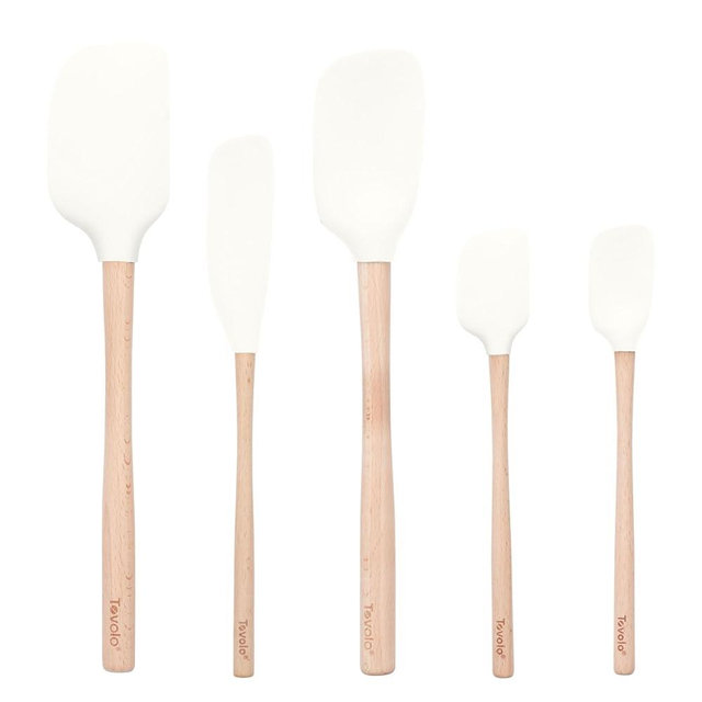 Tovolo 5-Piece Silicone and Wooden Handle Utensil Set (White): Spatula, Spoonula, Jar Scraper, Mini Spatula, and Mini Spoonula