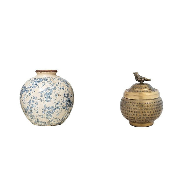Creative Co-Op DF2720 8" H Terracotta Floral Transferware Pattern & Crackle Finish Vase, Blue & Hammered Aluminum Sphere Lid and Bird, Antique Brass Finish Container