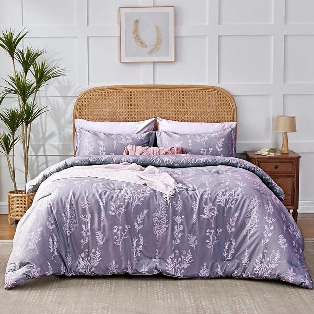 Kozyhvn Floral Comforter Set Queen Lavender, Cute Flower Bed in a Bag Queen Boho 7 Pieces, Soft Fluffy Bedding Sets with Comforter, Sheets, Pillowcases & Shams, All Season
