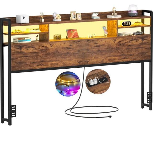 Aheaplus Headboard for King Size Bed with Storage, Headboards with LED Light, Power Outlets, USB Ports King Size Head Board, Wood headboard Only Sturdy and Stable Headboards, Modern, Rustic Brown