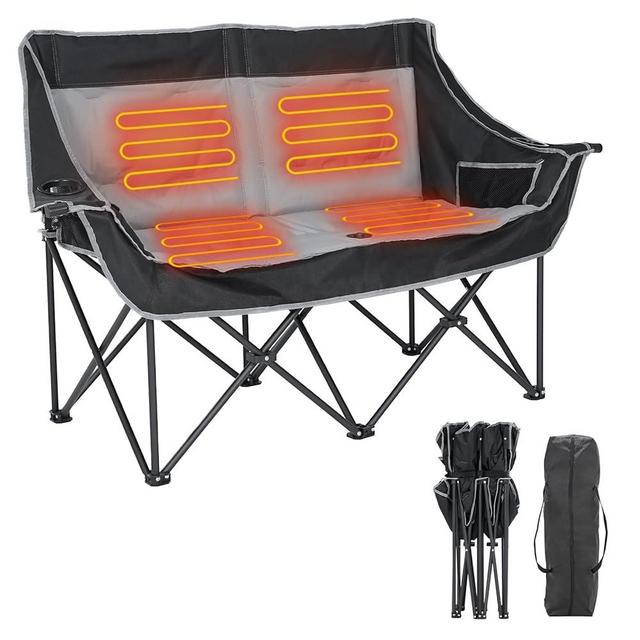 Slsy Oversized Heated Double Camping Chair, Folding 2 Person Camping Chair Loveseat, Fully Padded Duo Chair Camping Couch, Fold Up Double Camp Chair, Lawn Chairs, Camping Bench with Carrying Bag